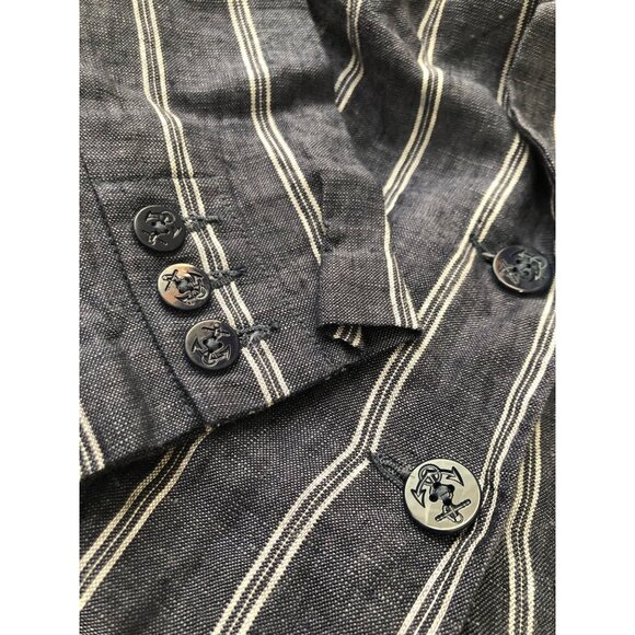 Cabi Navy White Stripe Linen Blazer 8 Women 2 Button 3/4 Sleeve Pockets Nautical - Picture 8 of 10